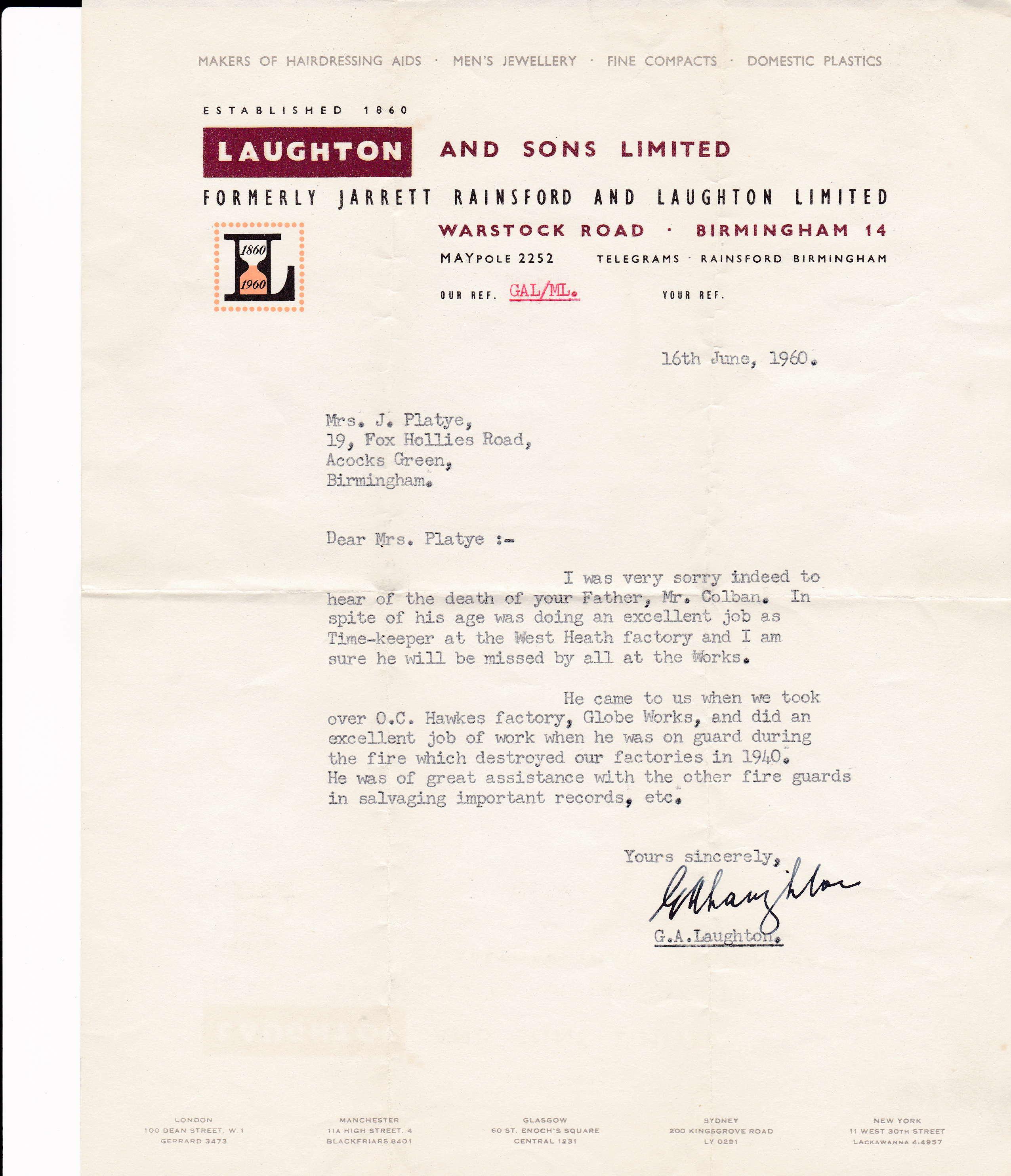 Laughton letter 1960